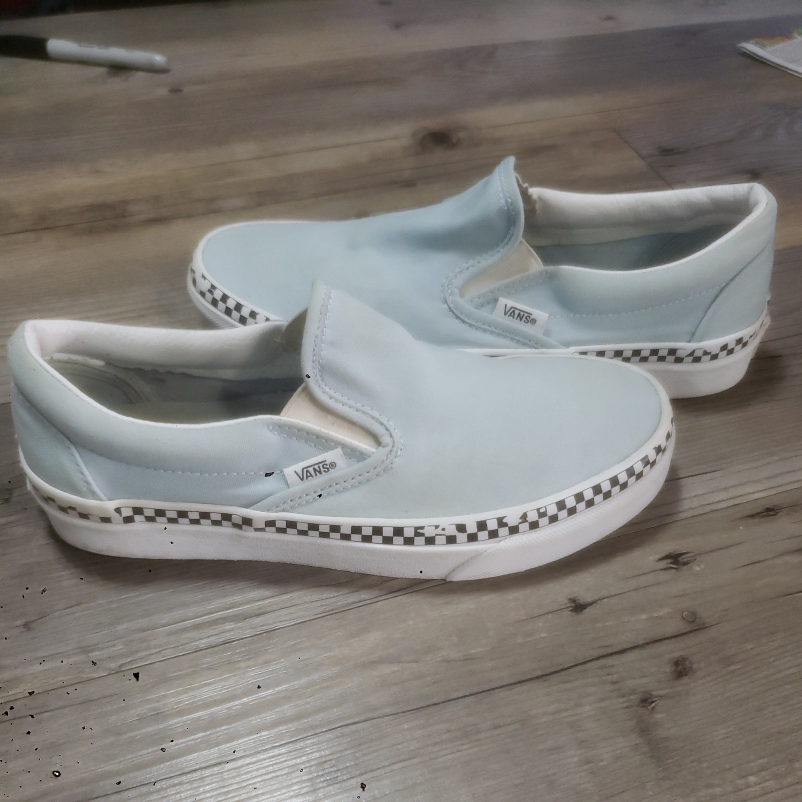 Vans Women's Classic Slip-On Foxing Check Cool Blue White Skate Shoes Size 8
