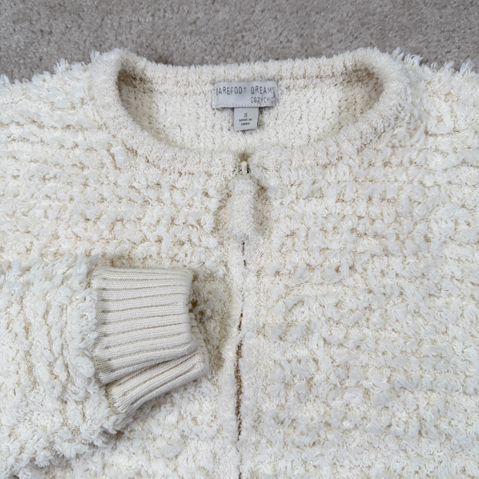 Barefoot Dreams Cozy Chic Loop Fringe Full Zip Jacket Womens S Cream Ivory Soft
