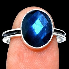 Natural Blue Labradorite Checker 925 Sterling Silver Ring s.8 Jewelry R-1056