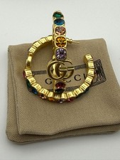 Gucci GG Marmont Multicolor Crystal Hoop Earrings Gold Tone 4cm w/G Packaging