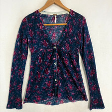 Free People Wool Blend Cardigan Sweater Womens M Deep Blue Floral Hippie Boho