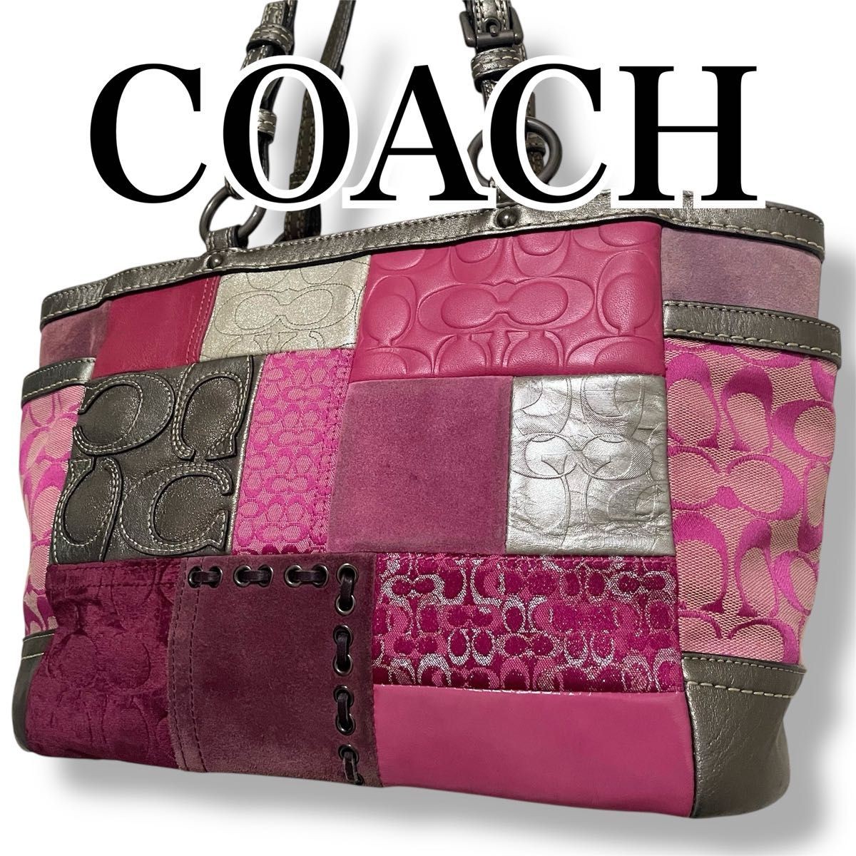 COACH Pink Patchwork Leather Tote Shoulder Bag Excellent Condition