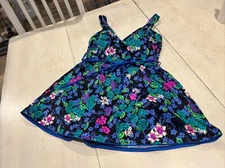 Vintage 80s Gabar Colorful Floral One-Piece Swimsuit Women’s 10 Skirted Belted