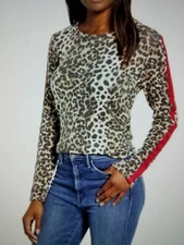 Bobeau Top Brown Animal Leopard Print Red Sleeve Stripe Brushed Knit Women XL