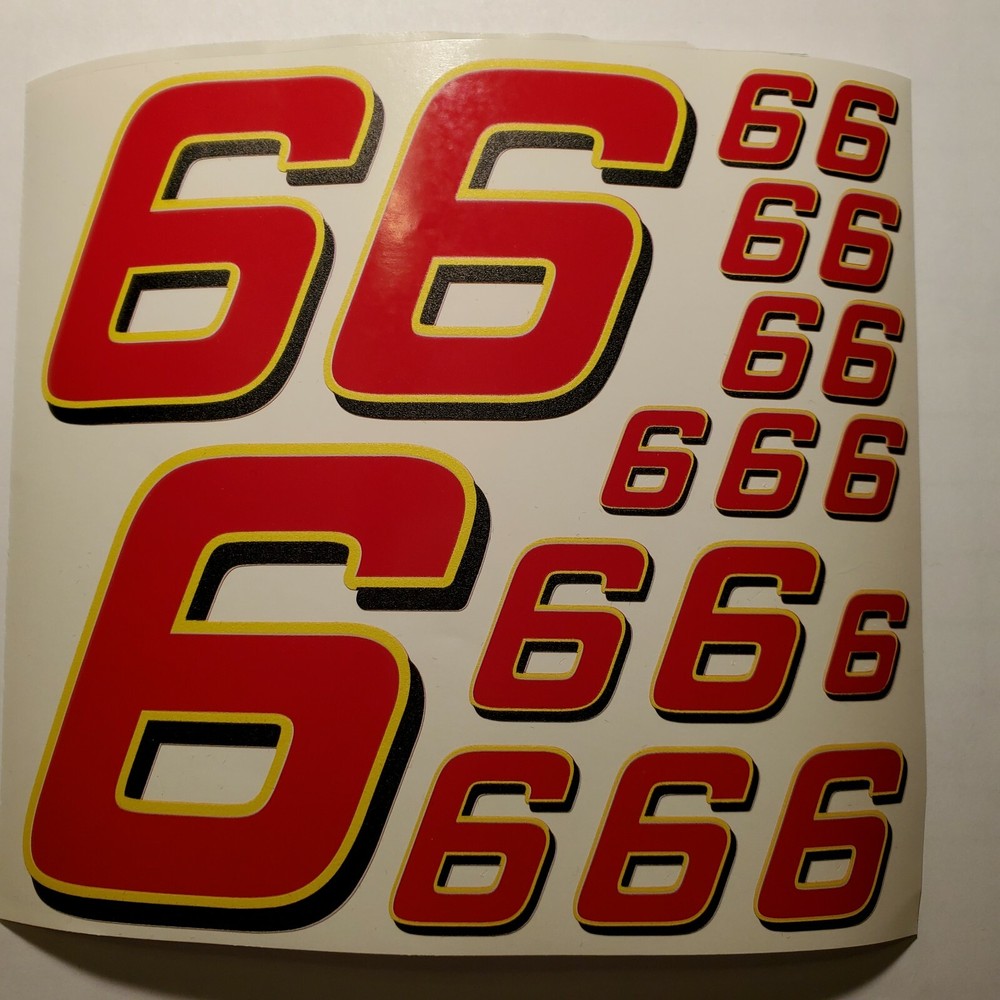 Red w/ yellow & black 6's  Racing Numbers Vinyl Decal Sheet 1/10-1/12 slashn
