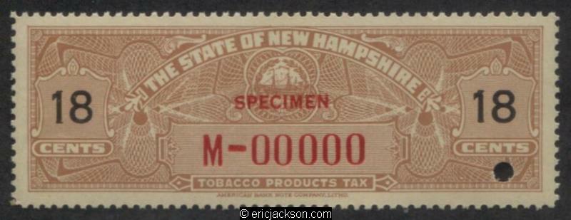 new hampshire tobacco tax Revenue NH T53S red SPECIMEN ovpt., security punch, VF No Sales Tax on Cigars