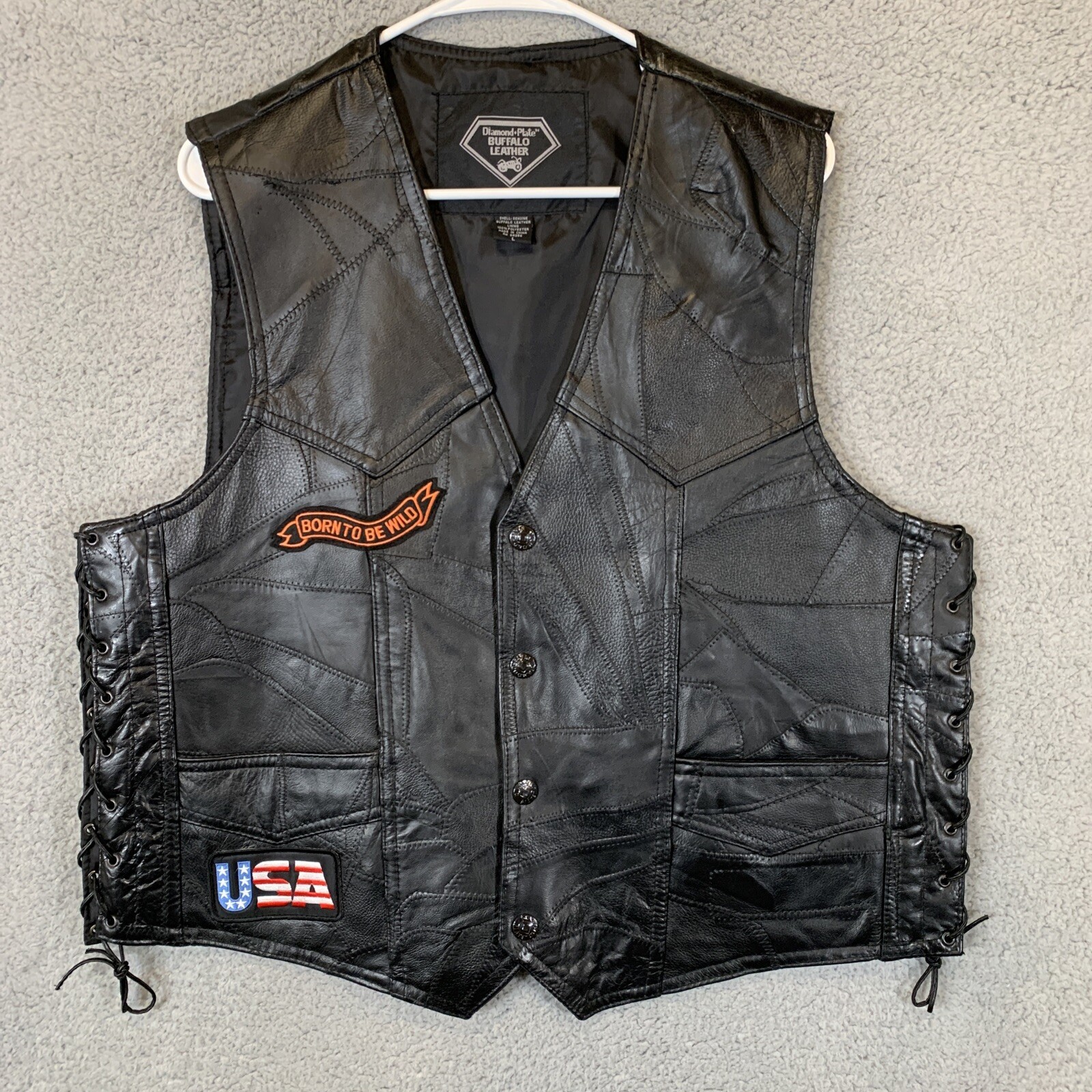 Diamond Plate Buffalo Leather Vest Mens Size Large Gem