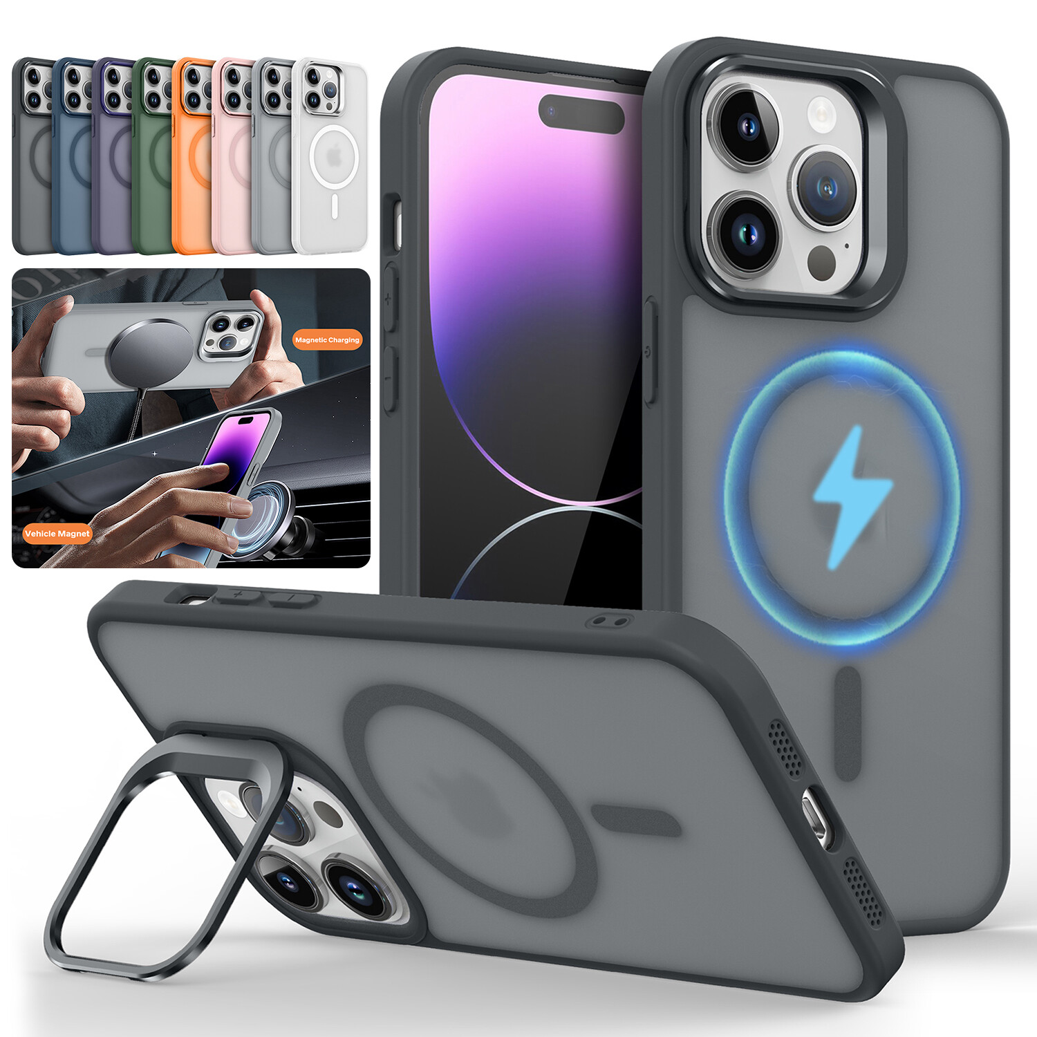 For iPhone 15 Pro Max 14 Plus 13 12 11 Matte MagSafe Magnetic Kickstand Case