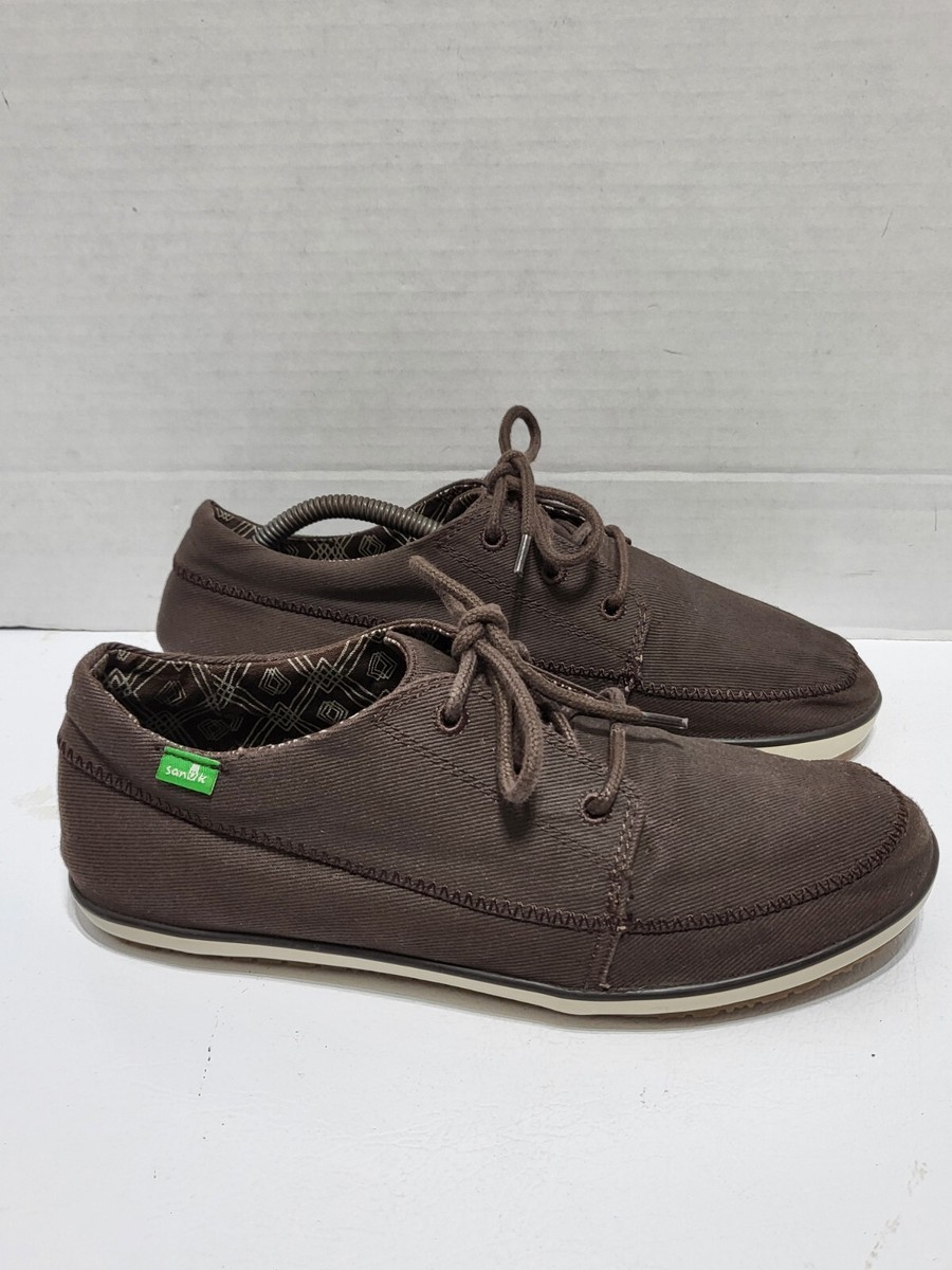 Sanuk Mens Three Eyelet Lace Up Brown Canvas Shoes Size EUC - Main Image