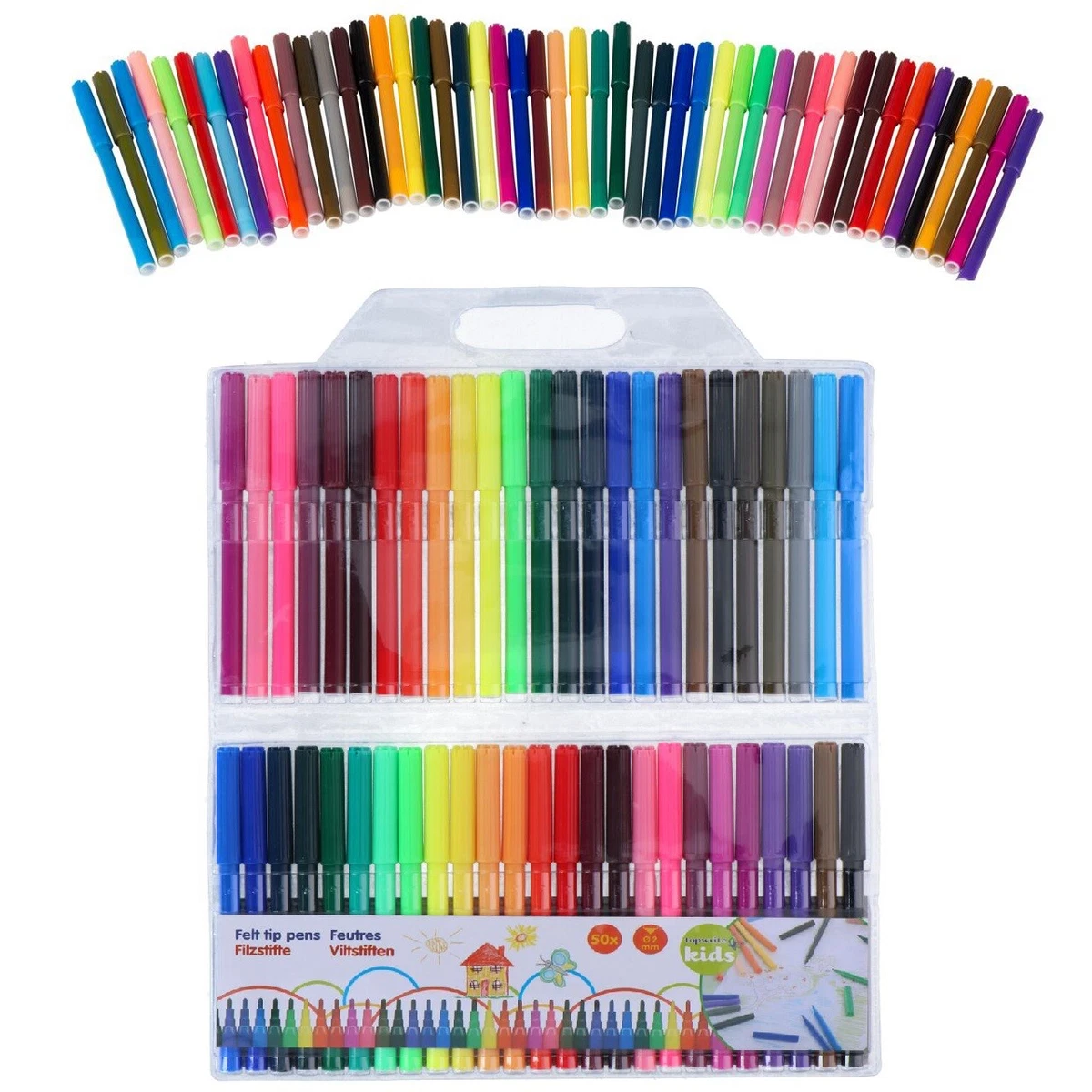 50 Felt Tip Pens Set Fine Fibre Drawing Markers Colouring Art School Colour  Kids