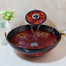 Round Tempered Glass Bathroom Vessel Sink Bowl Chrome Mixer Tap Faucet Drain Set