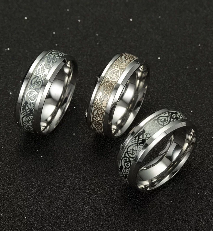Mens Ring Stainless Steel Titanium Plated Glowing Ring With Gold Dragon Inlay - Image 2 of 3