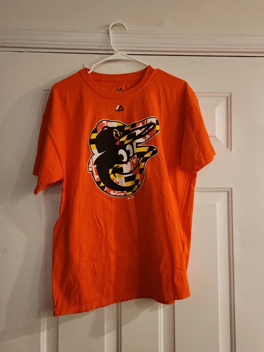 Majestic Mens Orange Graphic T Shirt Baltimore Orioles with Flag Design  Size L