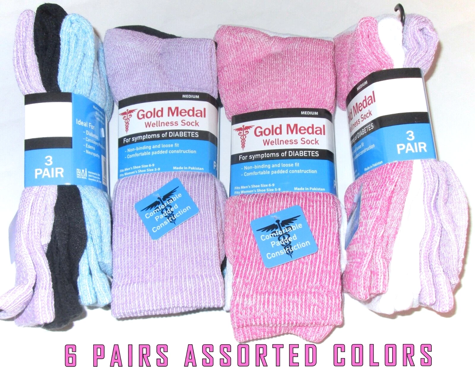 6 Pairs Womens Soft Cotton Blend Diabetic Assorted Colors Non Binding Crew Socks