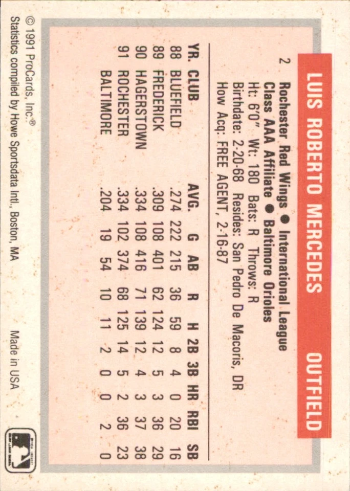 Luis Mercedes 1991-92 ProCards Tomorrow's Heroes #2 RC Rochester Red Wings - Image 2 of 2