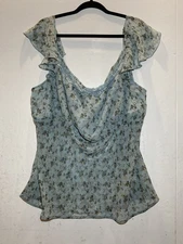 Vintage Venezia Blue Floral Babydoll Fairy Tank Top Plus 22/24 Chiffon Sheer