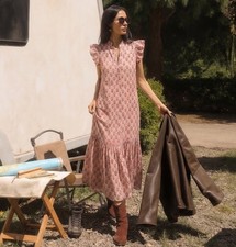 Pink Floral Dress Size Small Geometric All Over Print Ruffle Smocked