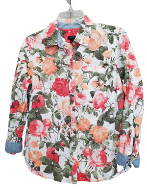 Talbots Petites Cotton Floral Contrast Cuff Button-Up Shirt Size 10P