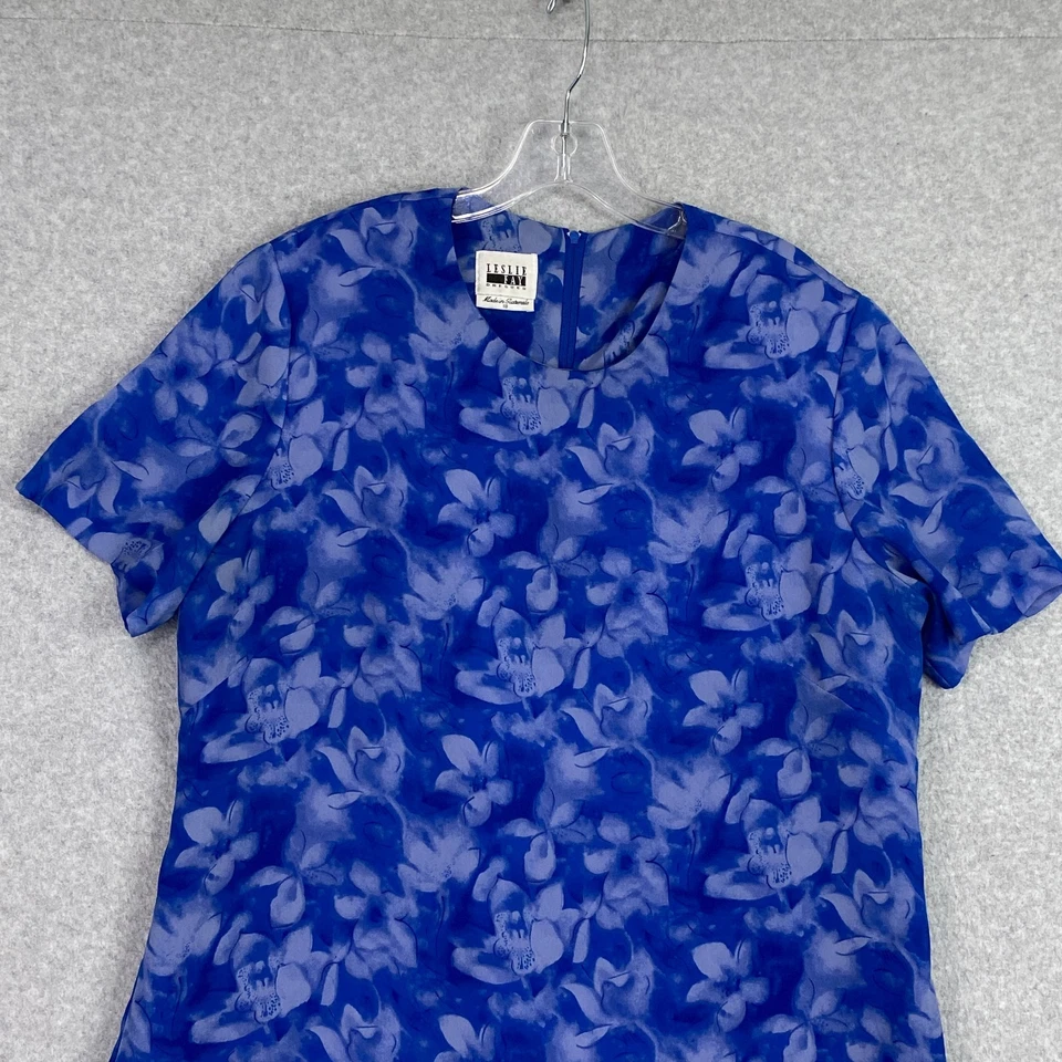 Leslie Fay Dress Womens 18 Blue Floral Sheer Lined Layerd Short Sleeve Back Zip - Image 2 of 4