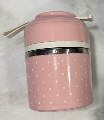 Pink White Dotted Cylinder Lunch Box 2 Compartments Stainless Steel Insert