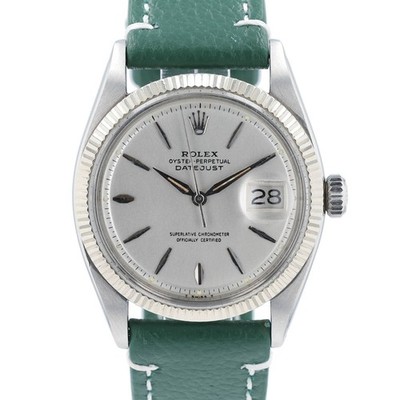 Vintage Rolex Datejust 1601 Steel Silver Index Dial Green Leather Band Watch
