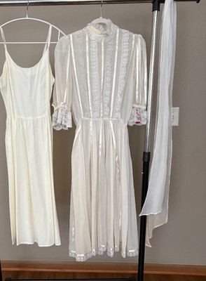 VTG 70's Gunne Sax Victorian Inspired Voile Ivory lace ribbon dress&slip size 11