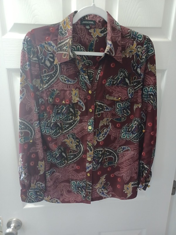 NOTATIONS Shirt Womens SMALL Button Up Blouse Paisley Long or Roll Sleeve Blouse