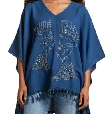 African Essence Poncho Top Women 2X Blue Nefertiti Gold Embroider Sequin Fringe