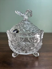 Vintage Bohemia Czech Republic Crystal Footed Candy Trinket Dish w/Butterfly Lid