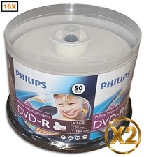 100-Pak PHILIPS 16X White Inkjet Hub Printable DVD-R's in Cakebox 2 x 50-Pak 