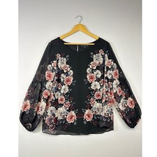 Romantic Dark Floral Zac  Rachel Womens 1X Black Sheer Balloon Sleeve Blouse