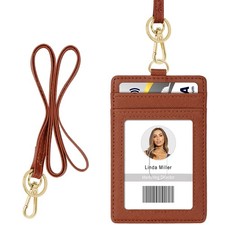 ID Badge Holder with Lanyard, Vertical PU Leather Card Brown