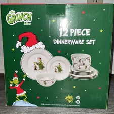NEW NIB DR SEUSS GRINCH STOLE CHRISTMAS 12 PIECE DINNERWARE SET