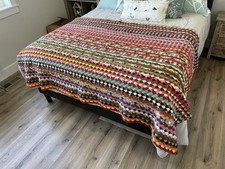 Vintage 1970s Handmade Crochet Afghan Blanket Multicolor Granny Stripe Boho