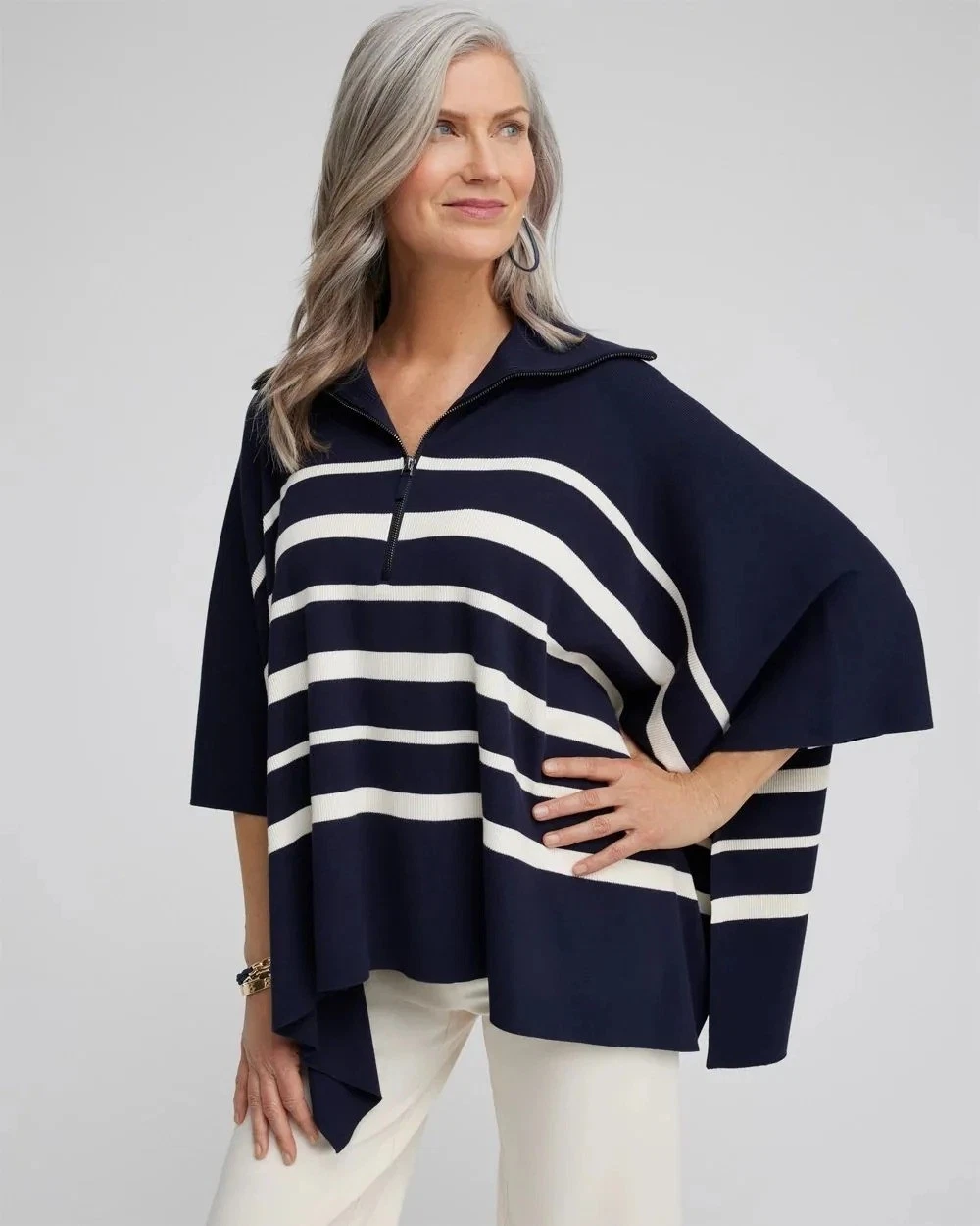 Chico’s Stripe Zip Collar Sweater Poncho in Blue White Size L / XL