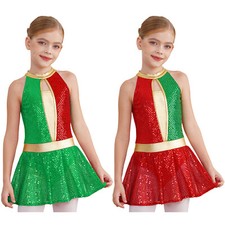 Kids Girls Christmas Dance Dress Skating Sequins Sleeveless Leotard Dresses