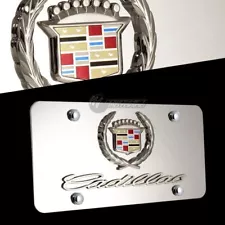 NEW 3D CADILLAC Logo Front Mirror Stainless Steel License Plate Frame with Caps