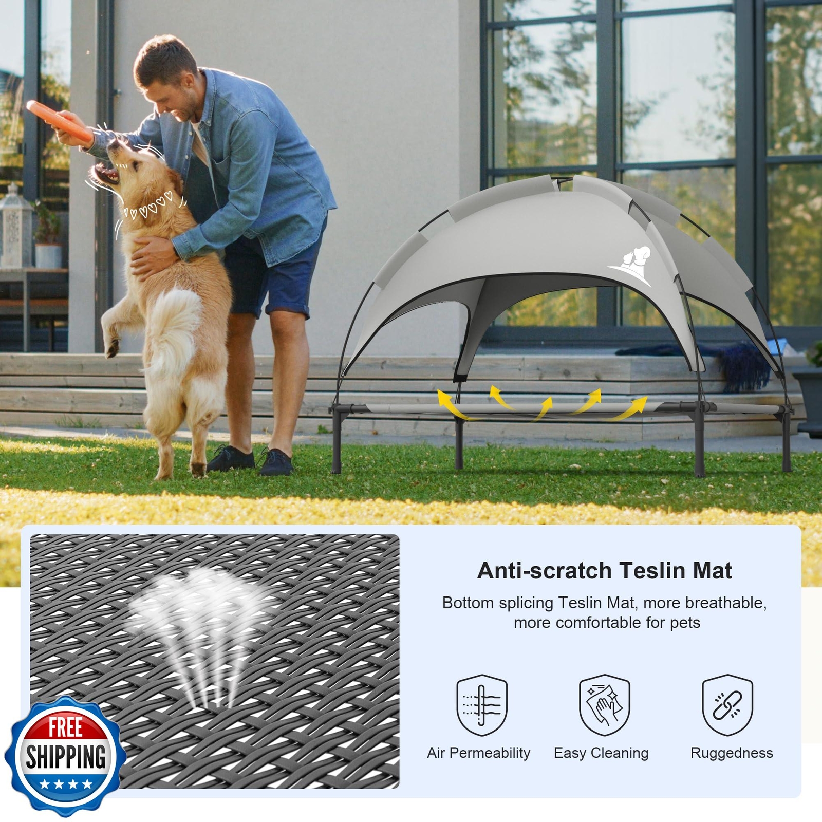 GOJOOASIS Outdoor Dog Bed with Canopy, Waterproof Outside Dog Cots Pet Bed wi