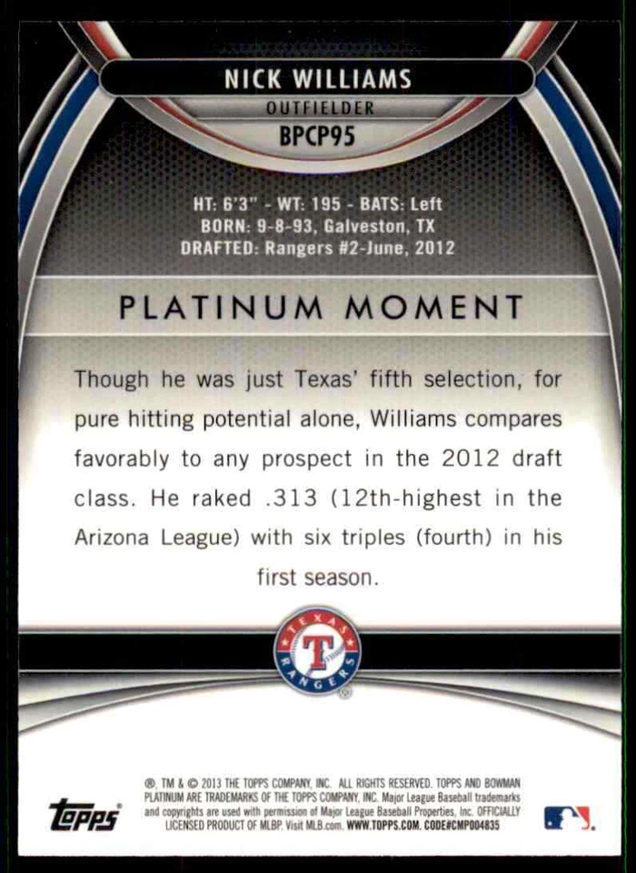 2013 Bowman Platinum Silver Ice Nick Williams Texas Rangers - Image 2 of 2