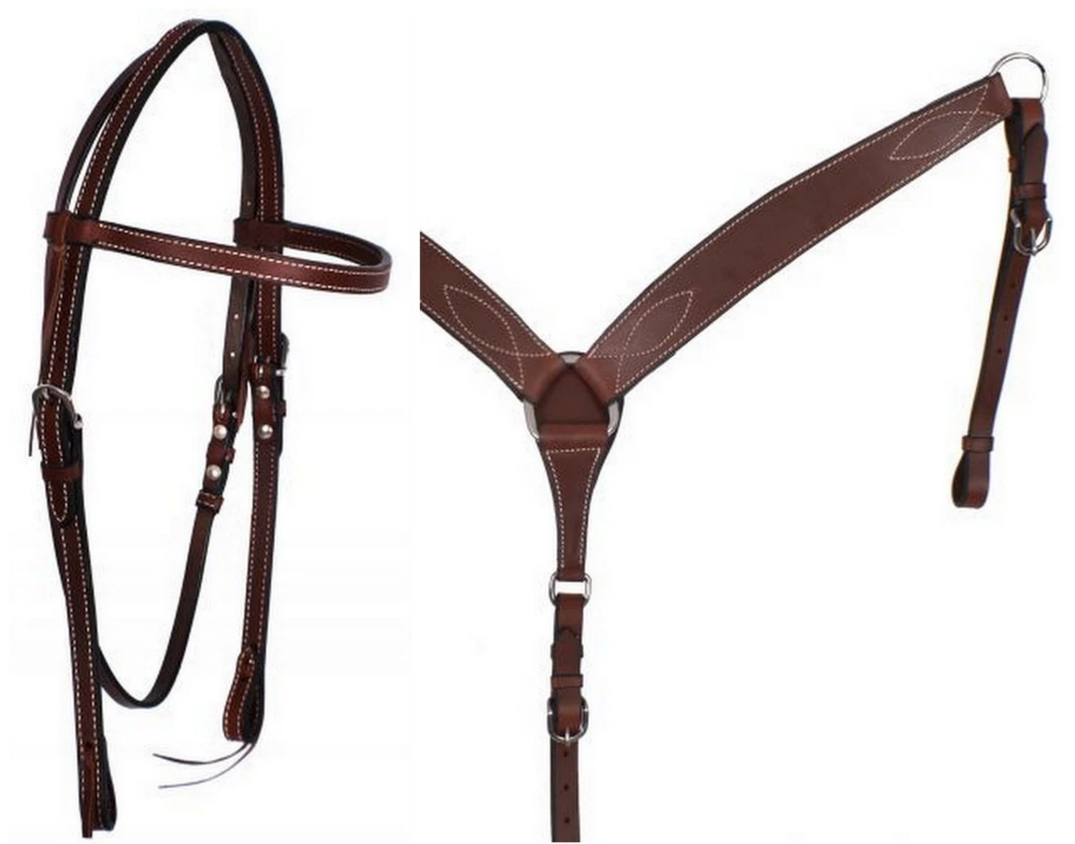 Western Dark Brownleather Tack Set of Headstall and Breast 