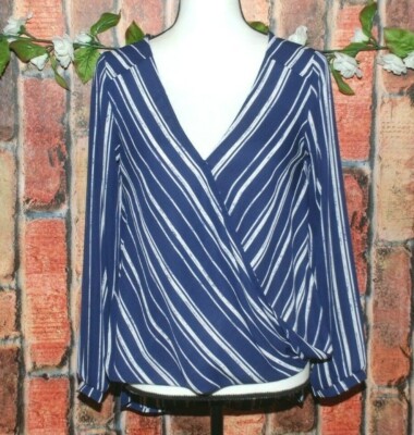 LUSH Ladies Blouse Top Size S Navy Blue White Wrap Look Long Sleeve Striped  