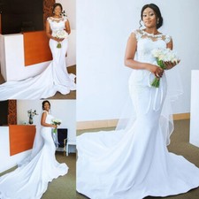 Elegant Satin Mermaid Wedding Dresses Cap Sleeves Lace Applique Bridal Gowns