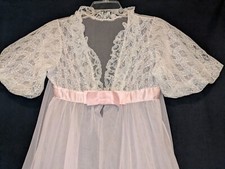 Vintage Pink Sheer Nylon Lace Robe Peignoir, Size M, Babydoll Puff Sleeve