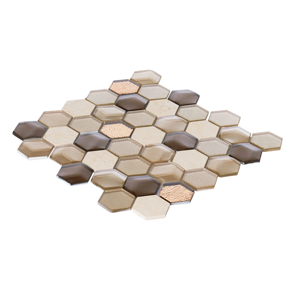 Salpicadero hexagonal crema marfil piedra metalizada beige inserción 3D vidrio mosaico azulejo Foto 2 de 4