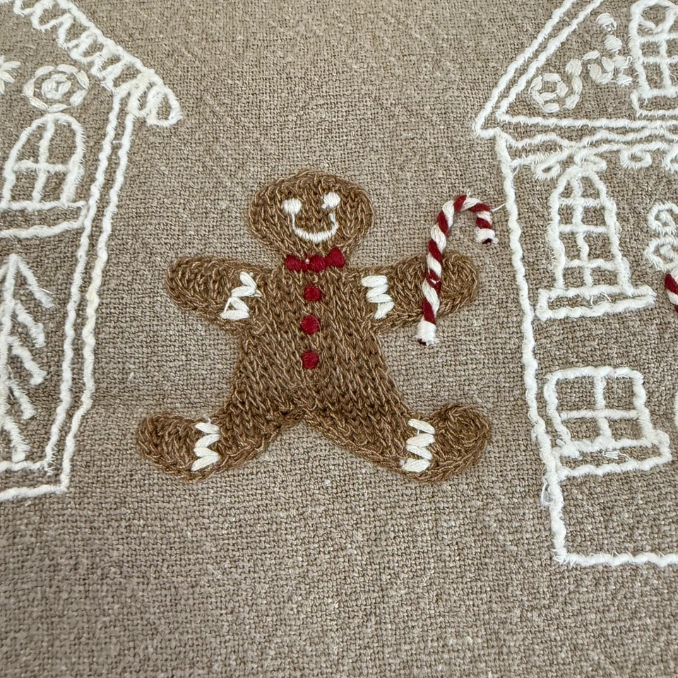 POTTERY BARN GINGERBREAD VILLAGE EMBROIDERED TABLE RUNNER 18 X 108" FLAX/ MULTI - Image 4 of 4