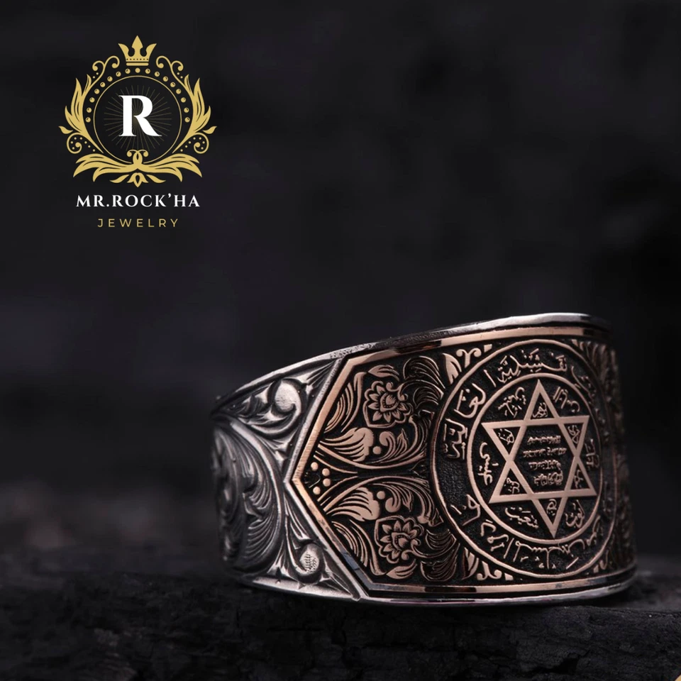 Seal of Solomon,Bronze Color,Engraving Art,925 Silver Men Pinky Chunky Band Ring - Image 4 of 4