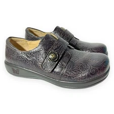 Alegria Mules Clogs Joleen Women 9.5 Tooled Leather Slipon Oxford Molasses Brown