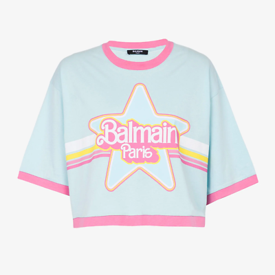 Balmain x Barbie Blue Cropped T-Shirt - Limited Edition (Size- S
