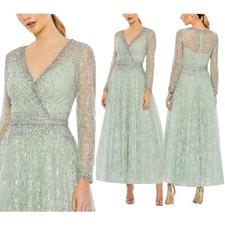Mac Duggal 20366 Sage Wrap Bodice A-Line Tea Length Dress Size 4 $798