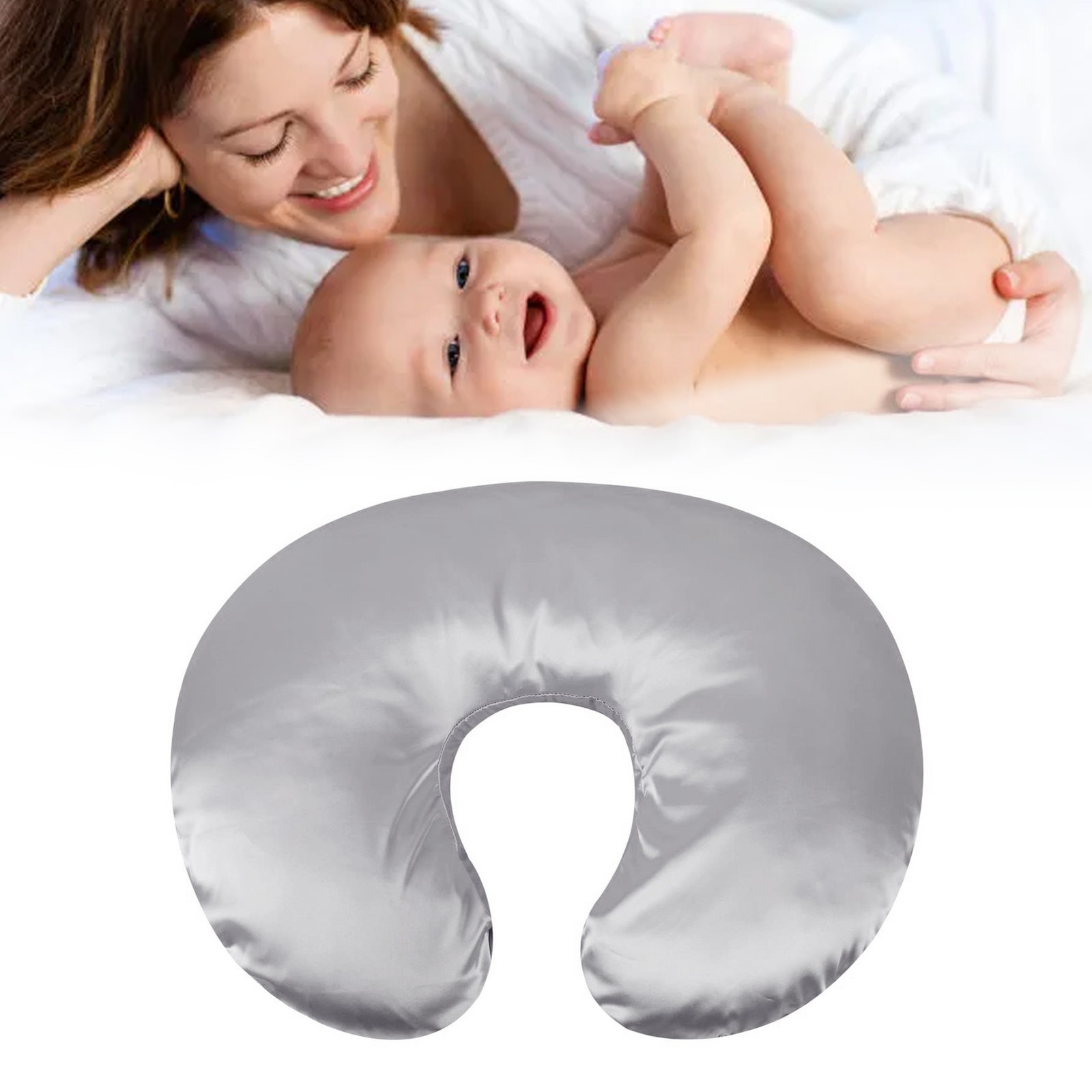 Grey Satin Nursing Pillow Cover Soft Washable Breathable Compatible Skin LW